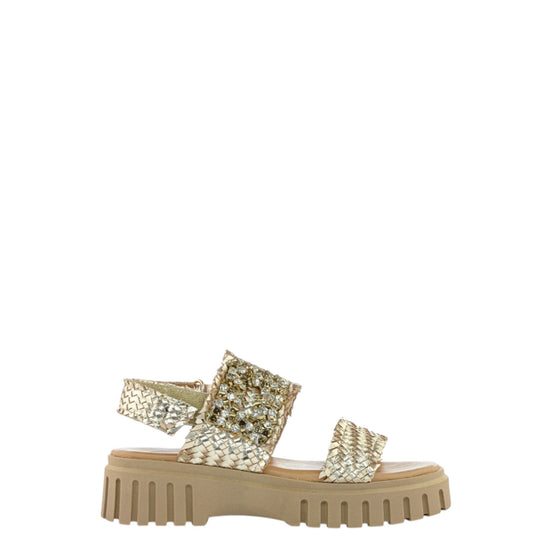 Sandali donna "Janet&Janet" J-130 Collezione Primavera/Estate 2026 con placca strass - Platino e Sabbia