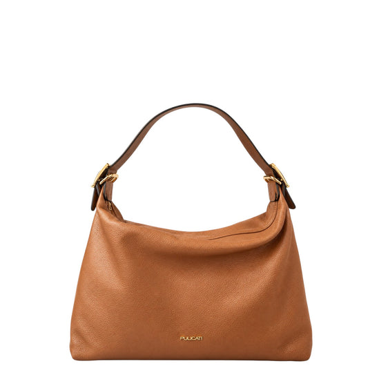 Borsa a spalla donna "Pulicati" CE 9456 Collezione Autunno/Inverno con fibbioni e tracolla - Camel