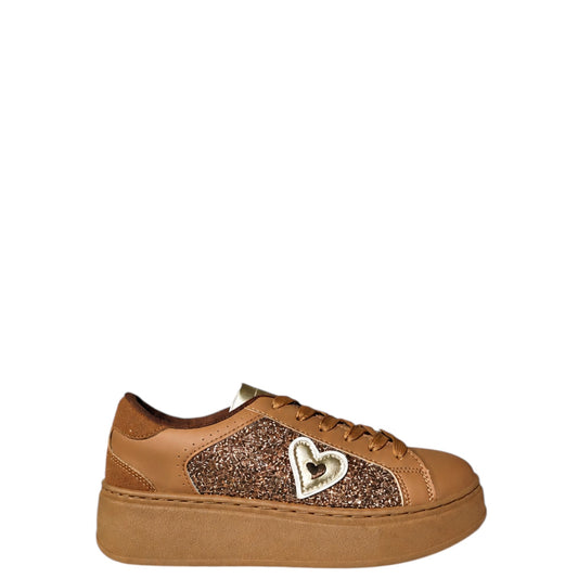 Sneakers donna "Braccialini" BC108 Collezione Autunno/Inverno con cuore e glitter - Caramel e Oro