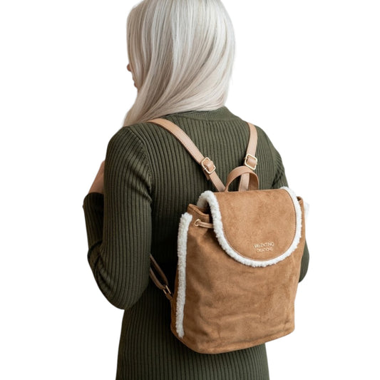 Zaino donna "Valentino Creations" VC620 Collezione Autunno/Inverno con pelliccia - Camel e Bianco