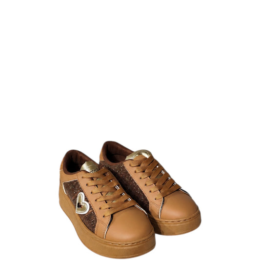 Sneakers donna "Braccialini" BC108 Collezione Autunno/Inverno con cuore e glitter - Caramel e Oro