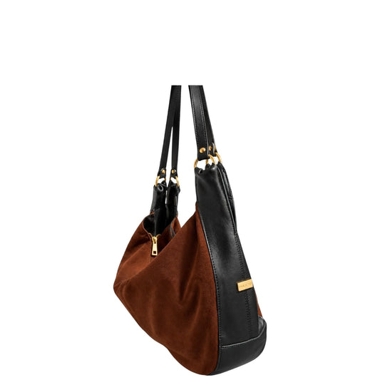 Borsa a spalla donna "Pulicati" 6947 Collezione Autunno/Inverno pelle scamosciata - Cotto e Nero