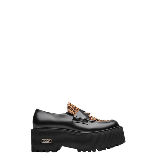 Mocassini donna "Cult" CLW453801 Collezione Autunno/Inverno con piercing - Nero e animalier