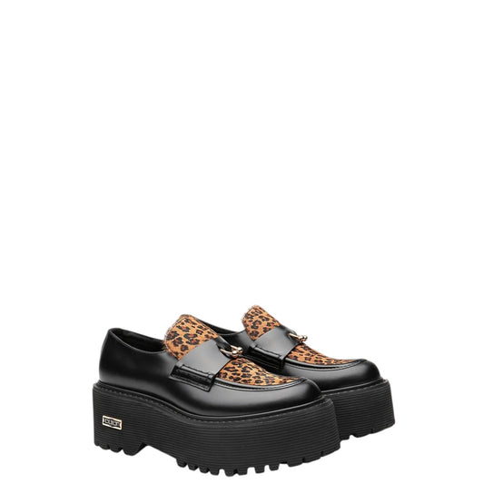 Mocassini donna "Cult" CLW453801 Collezione Autunno/Inverno con piercing - Nero e animalier
