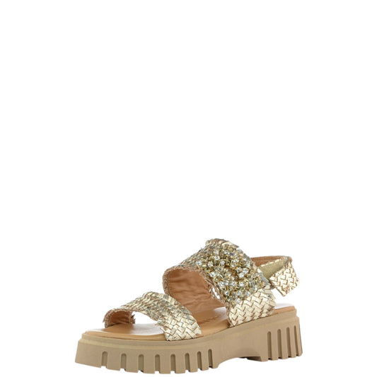 Sandali donna "Janet&Janet" J-130 Collezione Primavera/Estate 2026 con placca strass - Platino e Sabbia